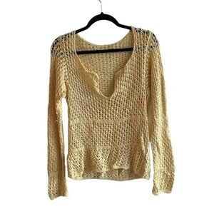 HAND KNIT Crochet Cotton Long Sleeve Sweater Yellow S